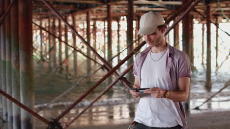 hombre parado debajo del muelle pagando un producto usando su teléfono inteligente y tarjeta de crédito