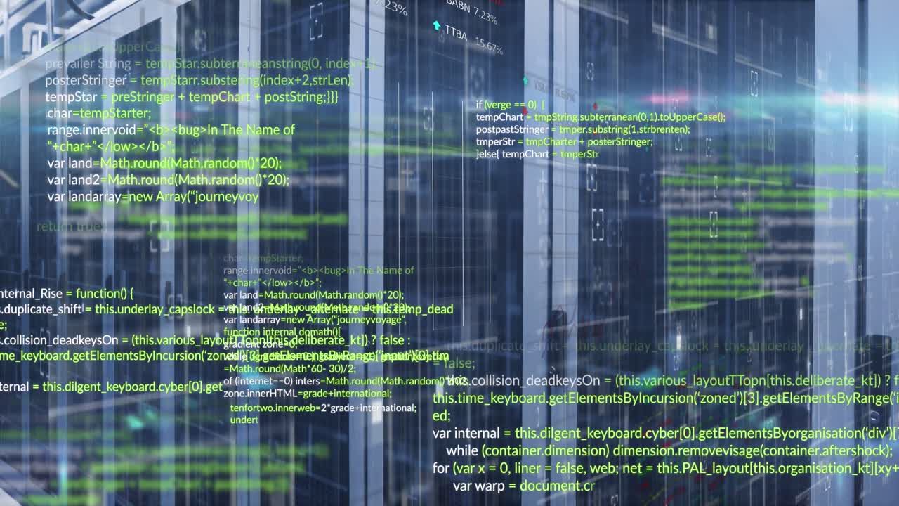 Animation of data processing and light spots against empty computer server room