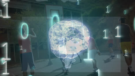 animación del cerebro humano girando y codificación binaria sobre un partido de baloncesto