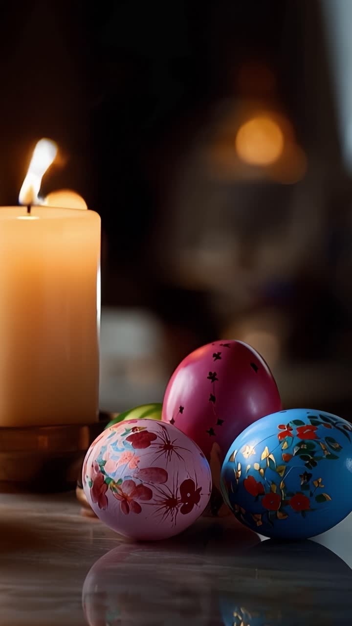 Colorful Easter eggs beautifully arranged near a glowing candle, creating a warm and festive atmosphere, perfect for celebrating the holiday spirit and traditions