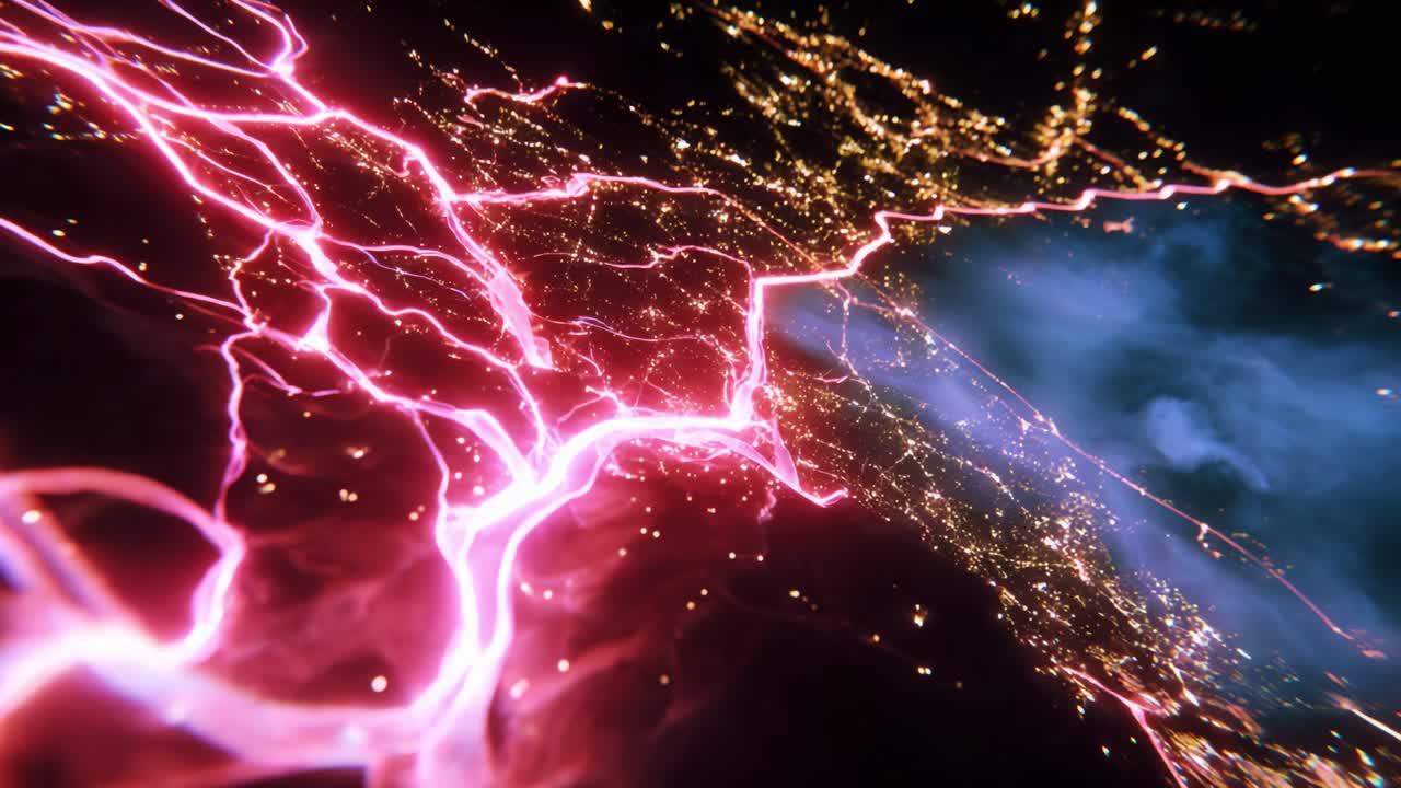 A mesmerizing view of dynamic energy patterns intersecting with the glowing lights of a cityscape, showcasing a stunning interplay of vibrant colors and electrifying designs that captivate the imagination