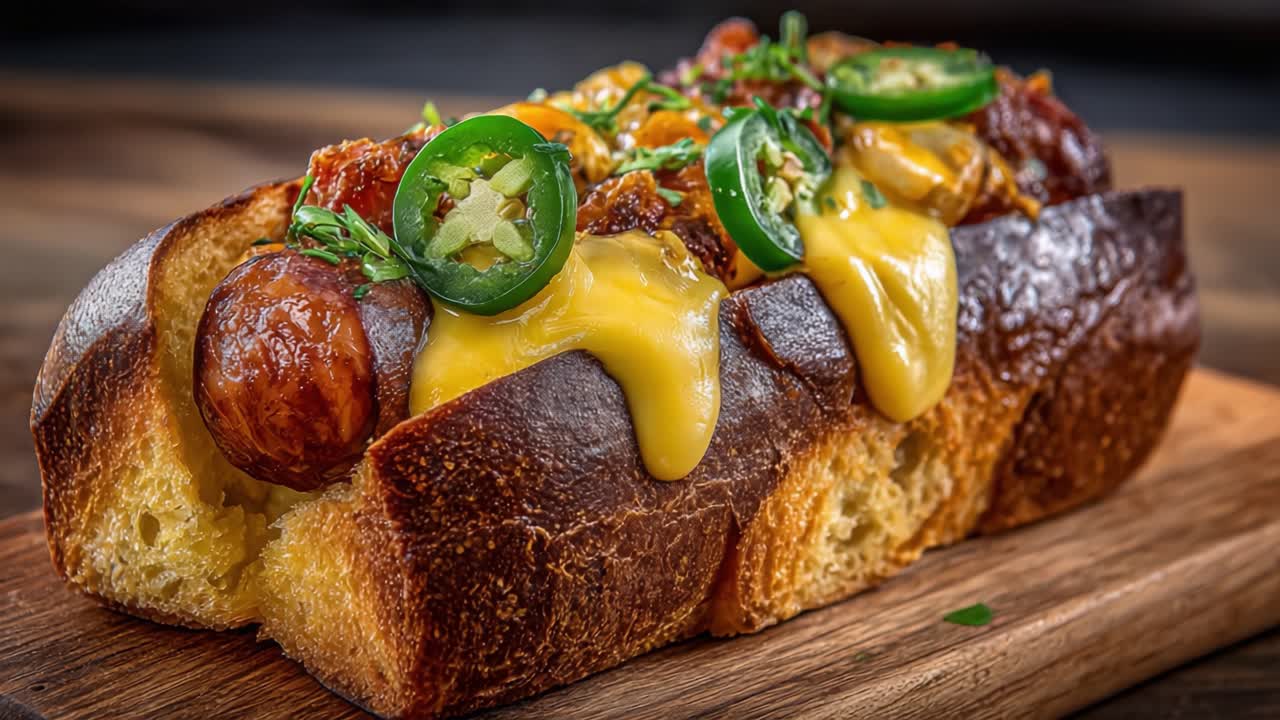 Delizioso Pane Gourmet Farcito con Formaggio Fuso, Salsicce Saporite, Jalapeños Freschi e Condimenti Servito su un Tagliere di Legno per un'Esperienza da Acquolina in Bocca