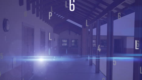 digital composition of changing numbers and alphabets against empty school corridor