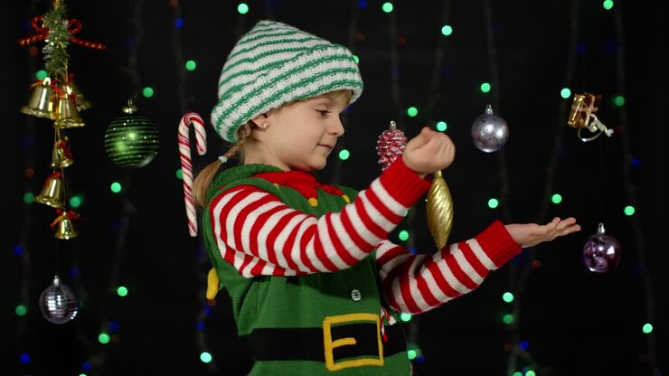Kid girl in Christmas elf Santa helper costume dancing, fooling around. New Year holiday celebration