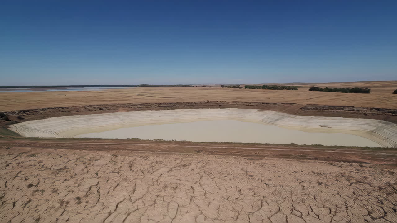 Dried-out landscape with cracked earth and a dry lake bed