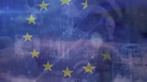 Animation-of-eu-flag-over-data-processing-and-clouds