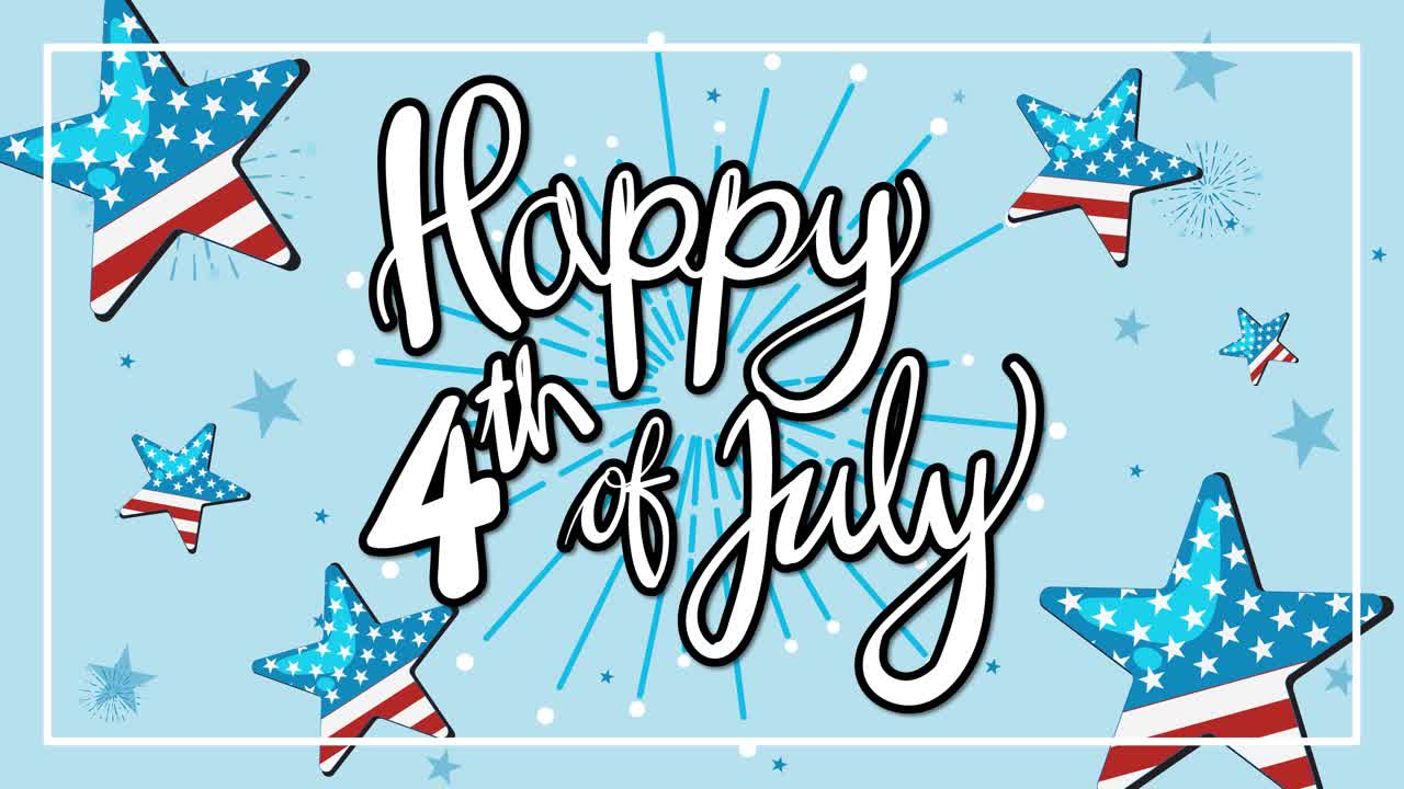 A vibrant animation celebrating Independence Day with dynamic fireworks, patriotic stars, and festive typography on a blue background