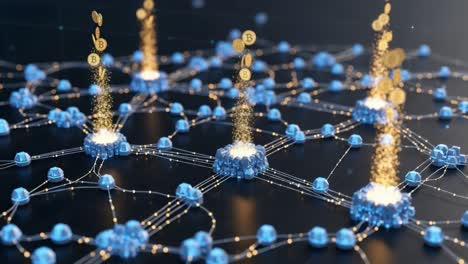 visual representation of blockchain technology with digital currency transactions in a connected network of nodes exhibiting cryptocurrency activity