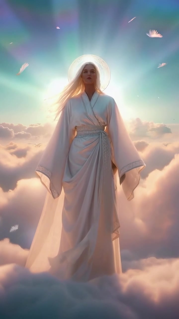 Figura angelica eterea che fluttua sopra le nuvole in una luce radiosa