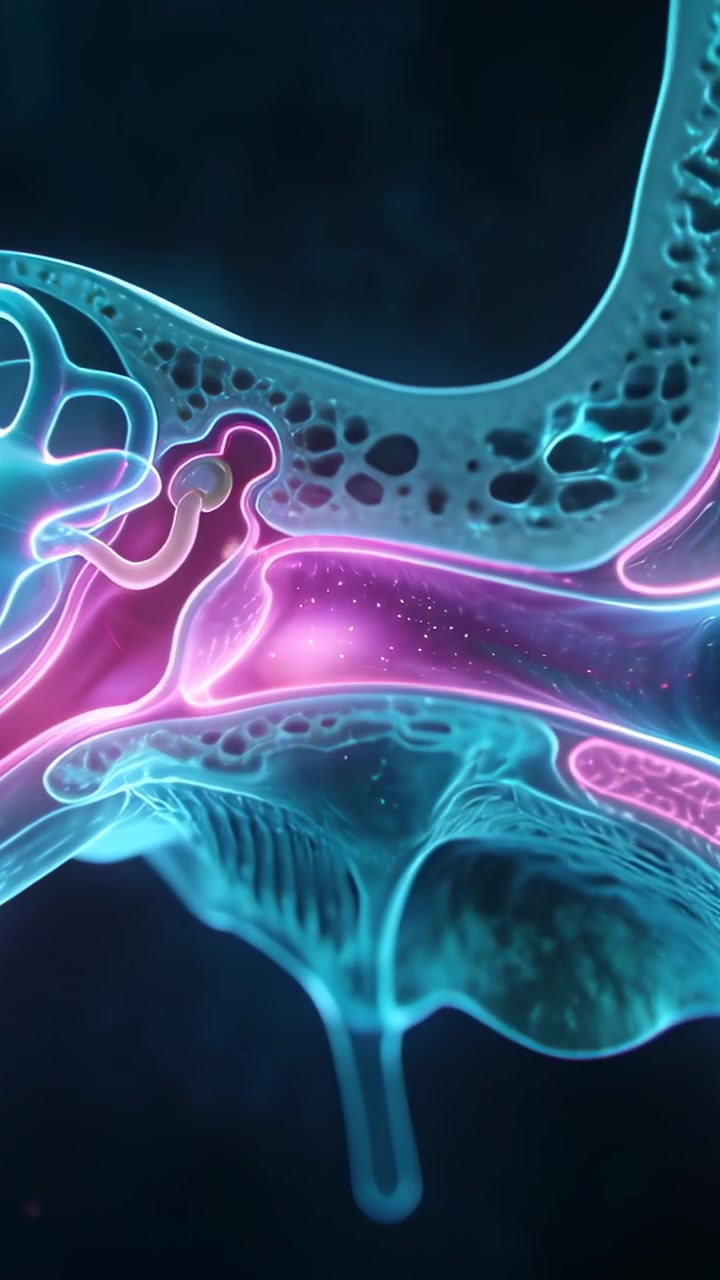 Vertical video: Gliding camera revealing medical 3D nasal slice, magenta lumen, membrane, bulb node