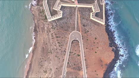 birds eye view historical fort of sagres at edge cliffs to the ocean aerial drone shot