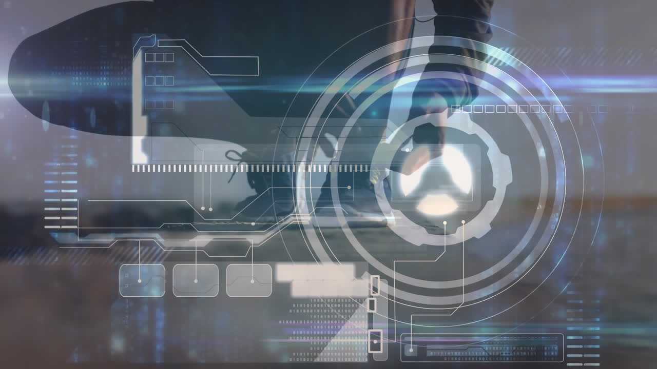 animación del procesamiento de datos y el escaneo del alcance sobre el hombre apto corriendo