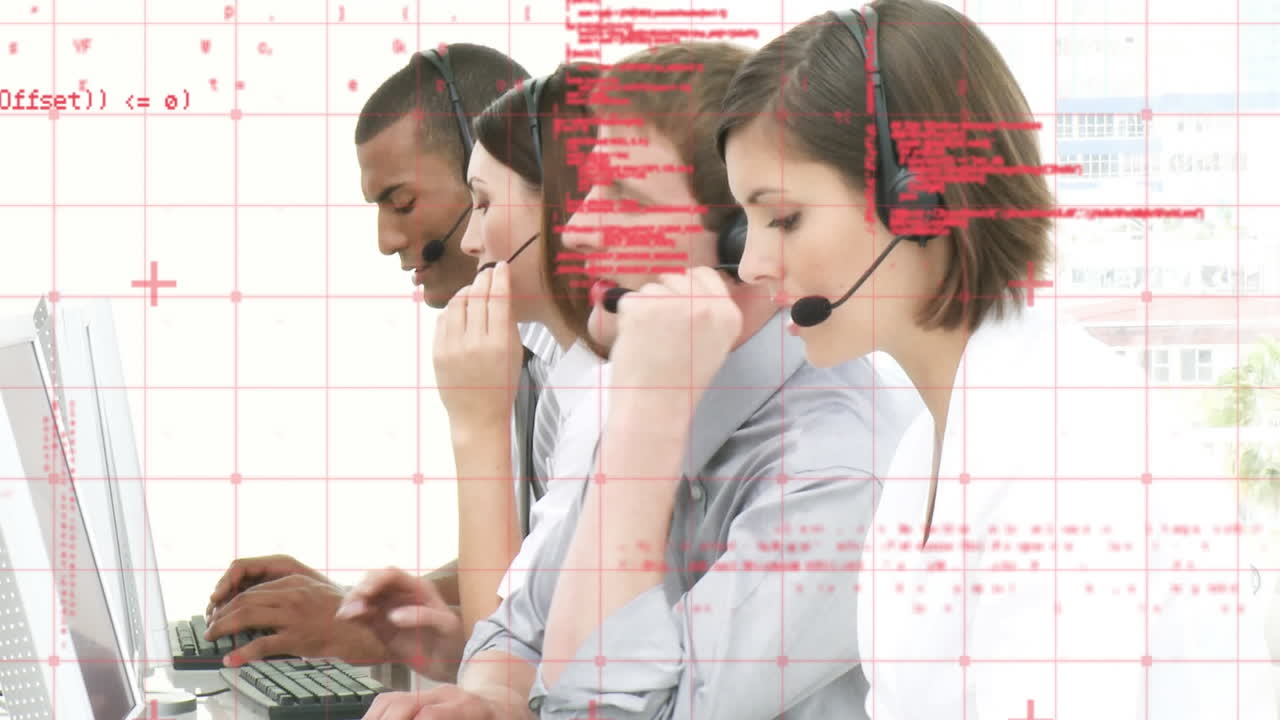 전화 헤드 ⁇ 을 사용하는 비즈니스 사람들에 대한 데이터 처리 애니메이션