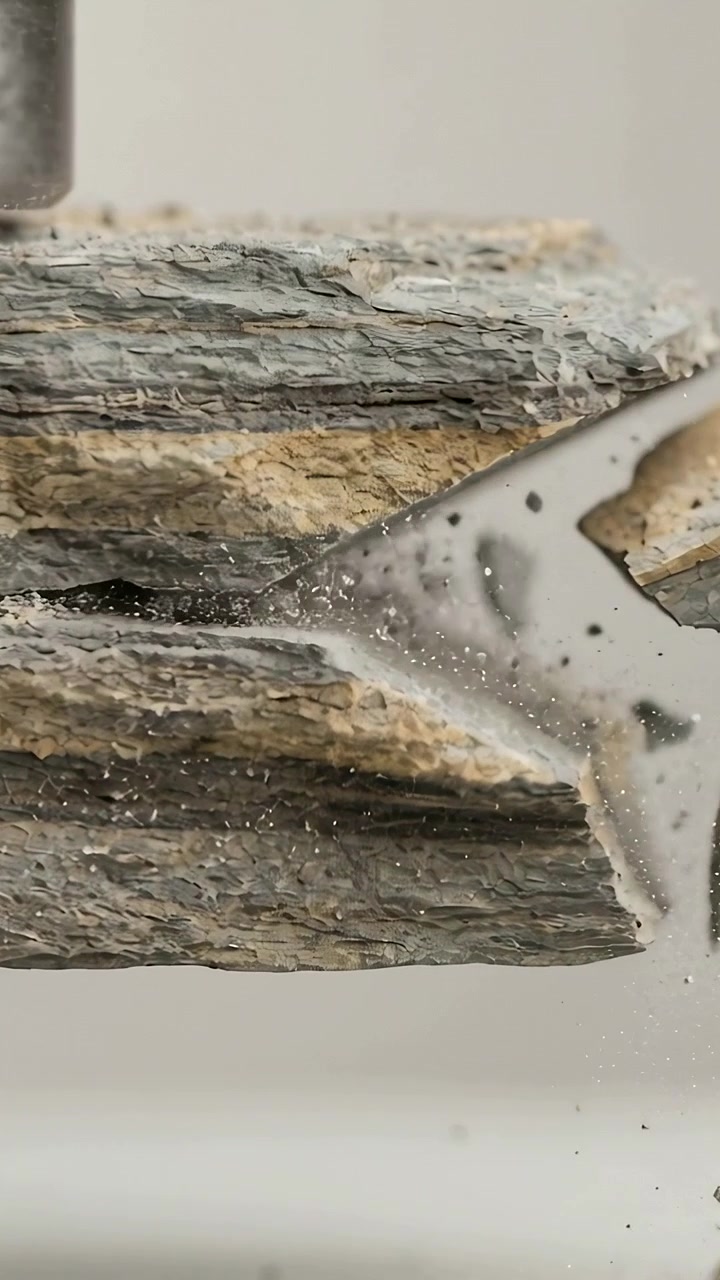 Vertikales Video: Metallmeißel spaltet Holzschichten an der Werkbank, stößt Staubsplitter für einen Test aus.