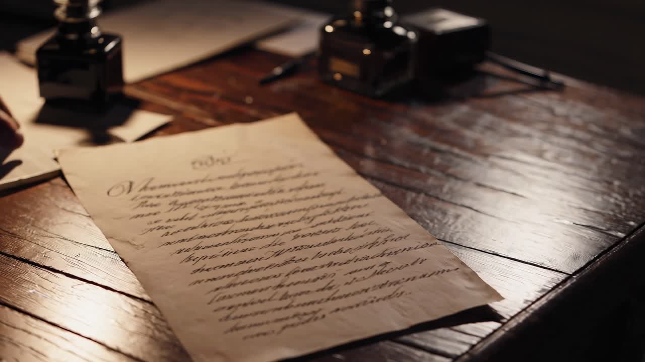 Vintage writing desk with ink bottles and parchment, captured in a close-up angle
