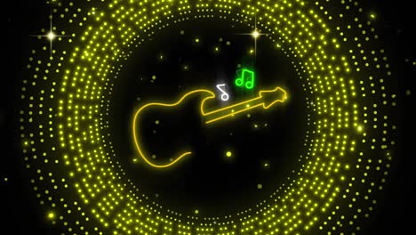 Animación-De-Guitarra-De-Neón-Sobre-Un-Patrón-De-Luz-Amarilla-Intermitente.