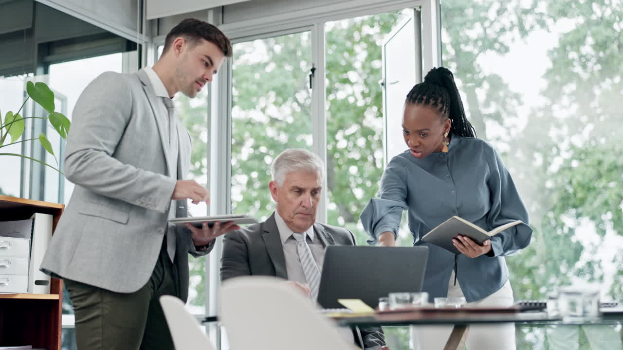 Meeting, training and laptop with a manager