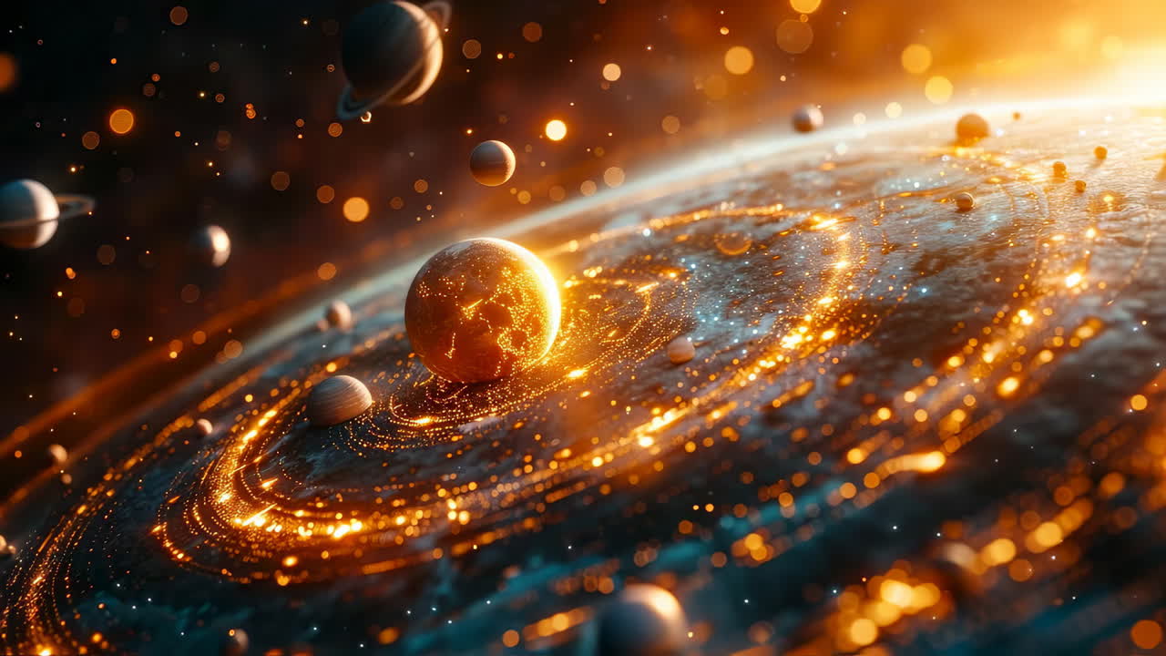 Glowing planets in a cosmic realm. A vibrant cosmic scene shows a luminous planet at the center, surrounded by glowing orbs and swirling light in space