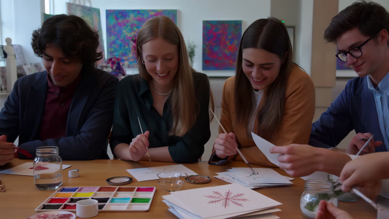 Group of people painting at a table