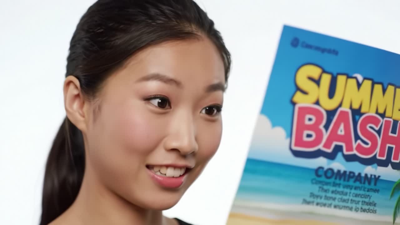 A young woman expresses joy and surprise while reading an announcement about a summer event. The colorful poster highlights details about the upcoming celebration by the beach.