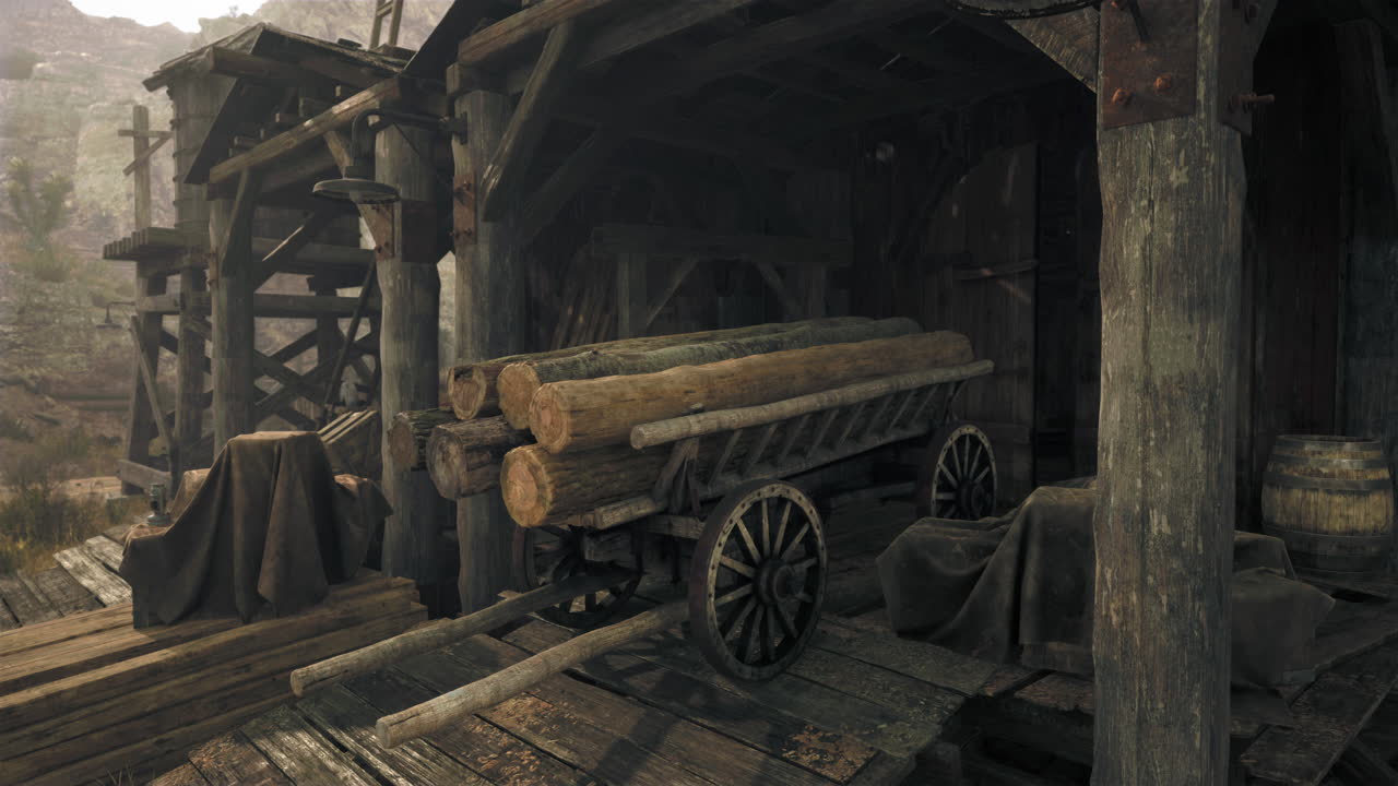 오래된 목조 건물 앞 에 있는 나무 로그 를 들고 있는 농촌 의 목조 마차