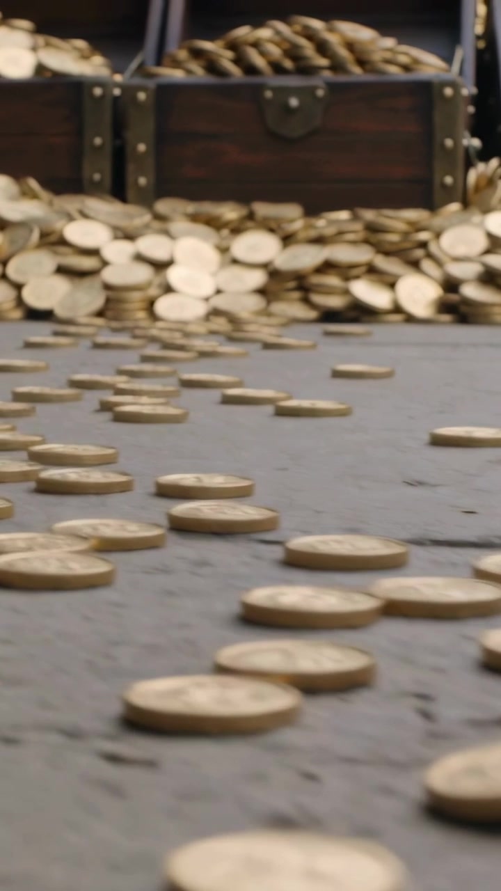 Vertical video: Camera pulling back, showing gold coins on worn planks to wood chest and thick rope