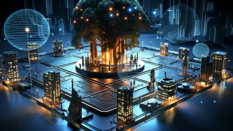 a futuristic cityscape with a luminous tree at its center during night