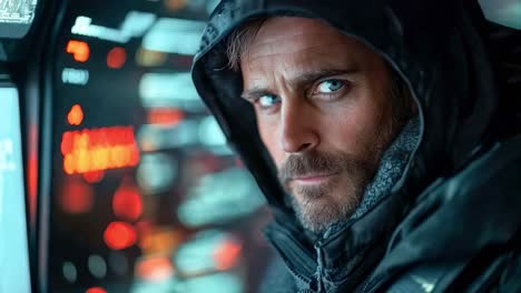 man in hood with illuminated control panel