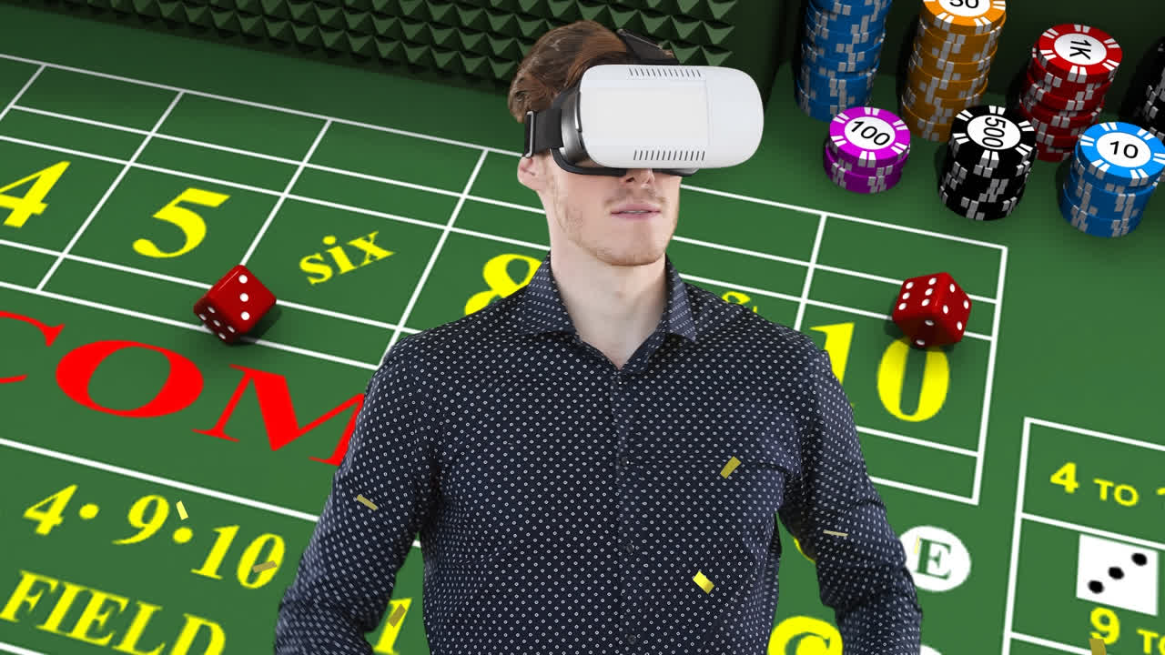 animación de un hombre de negocios con auriculares vr sobre el tablero de juegos de casino