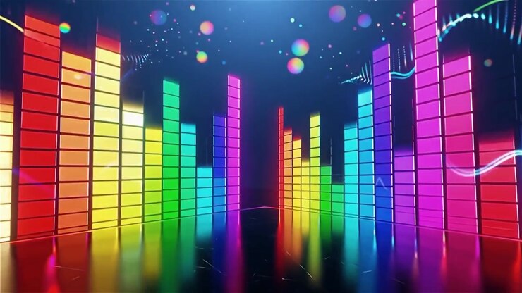Futuristisk regnbuefarvet neon musik equalizer visualisering baggrund.
