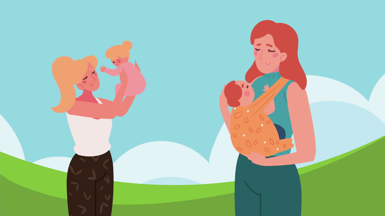 공원 에서 아기 들 을 가진 두 어머니