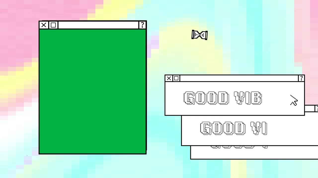 Animazione di interfaccia di computer retrò con testo "Good Vibes".