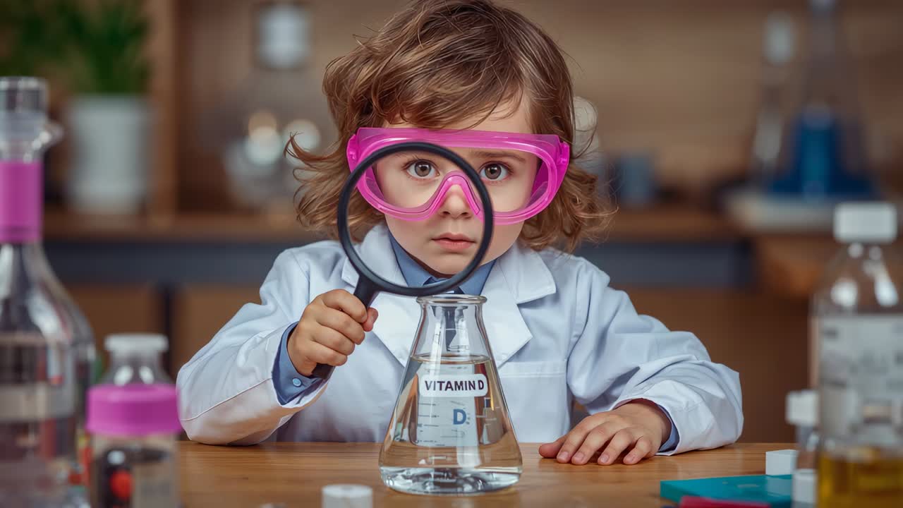 Lifting magnifier, kid in labcoat with pink goggles checking VITAMIN D flask in lab for test