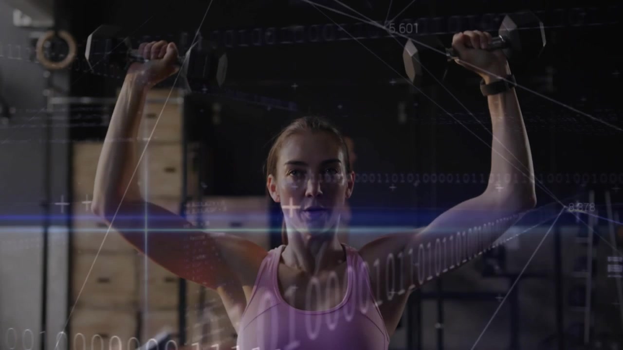 Vertical video: Woman holding weights at shoulders and pressing for fitness, HUD overlaying metrics