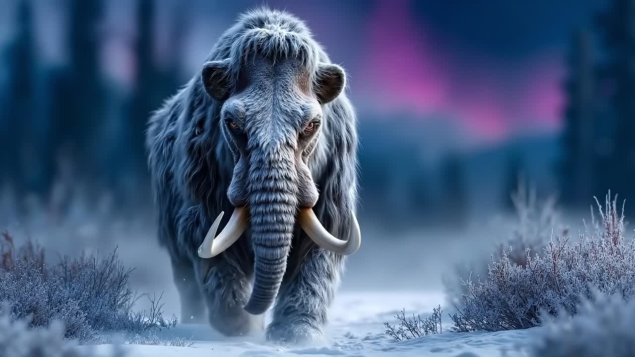 A woolly mammoth walking through a snowy landscape