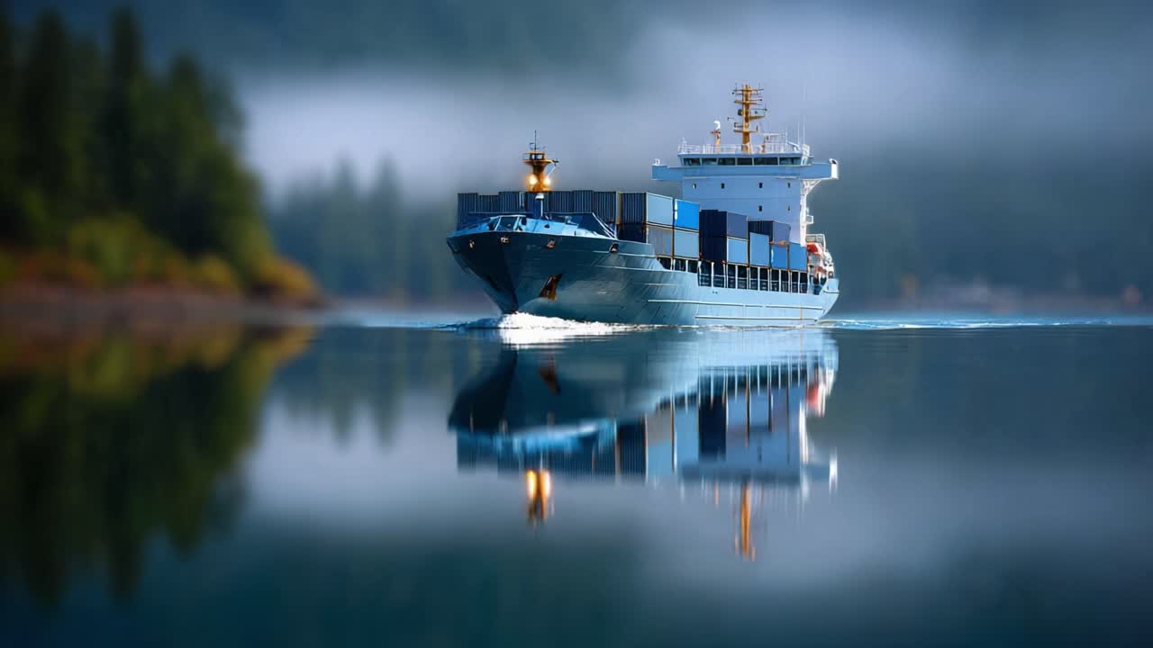 Ein majestätisches Frachtschiff navigiert durch ruhige Gewässer, mit aufragenden Bäumen und Nebel im Hintergrund, was die Ruhe und Schönheit der Seefahrt hervorhebt.
