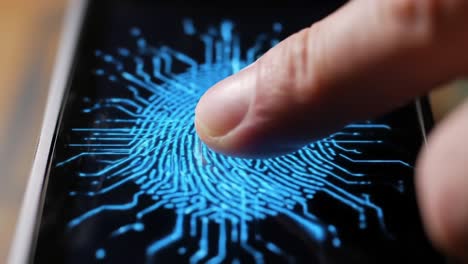 a glimpse into biometric technology: unlocking devices through fingerprint recognition on a screen with circuit patterns