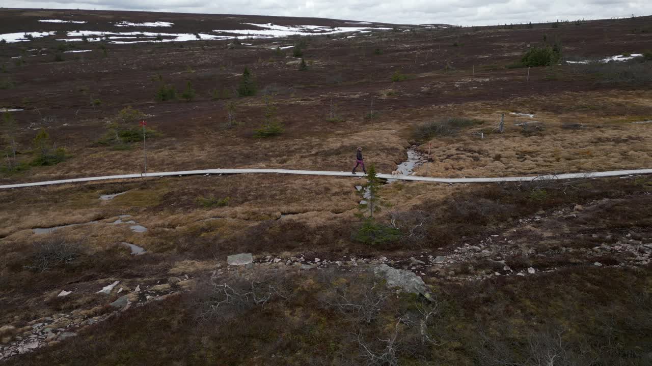 una mujer y su perro caminando por un sendero de montaña con nieve detrás de ellos
