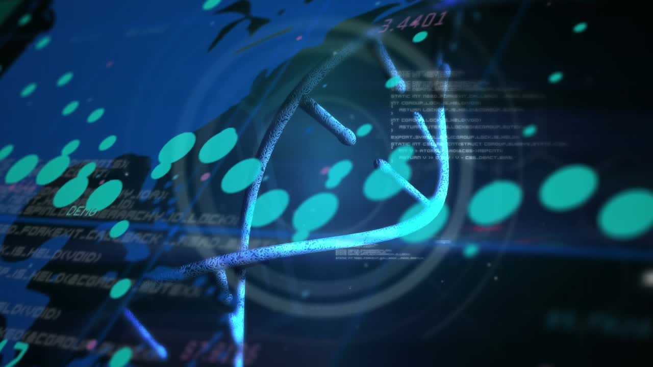 Animation of data processing with dna strand and world map on black background