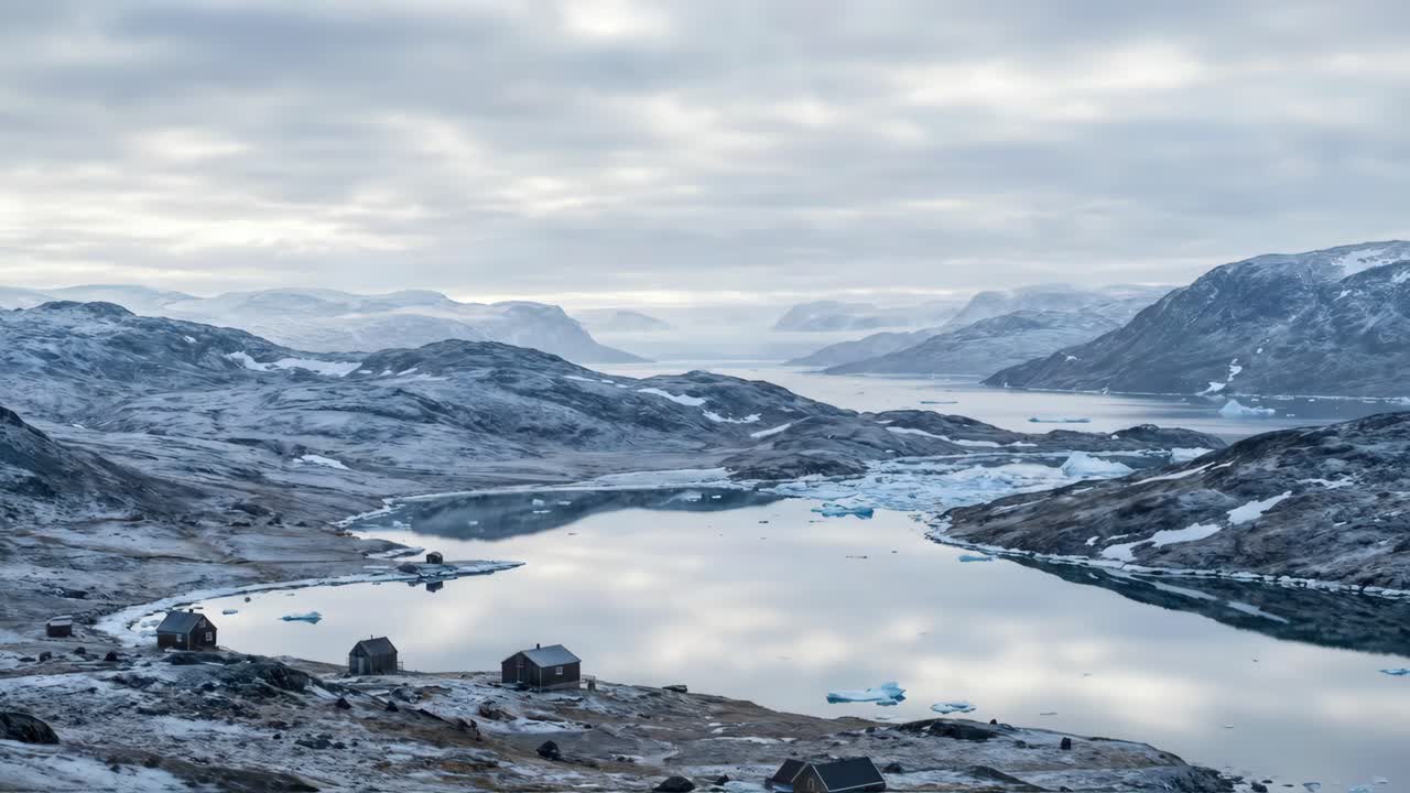 Afsides grønlandsk fjordlandskab med bjerge, is og små huse