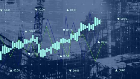 Animation-of-construction-site,-financial-data-processing-and-statistics