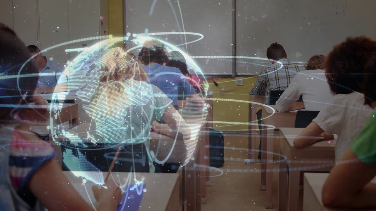 animación del globo girando sobre los estudiantes aprendiendo