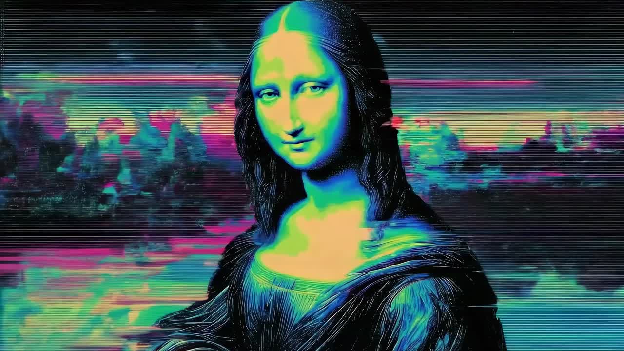Levande glitchkonst av Mona Lisa i frontal vinkel, som blandar klassisk konst med videoestetik.