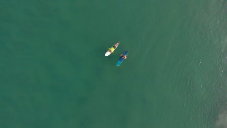 Pareja-Joven-Relajándose-Y-Relajándose,-Flotando-En-Sus-Tablas-De-Surf,-En-Medio-Del-Mar