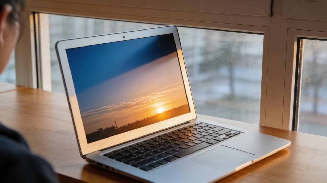 Kvinde læner sig i venstre side mod sølvfarvet bærbar computer ved vindue, ser solnedgang på skærmen