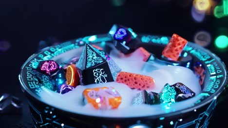 glowing polyhedral dice in a futuristic setting