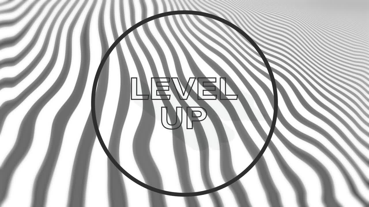 Animation of level up text in black circle outline over waving grey lines on white background