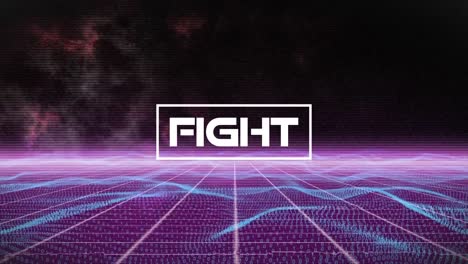 Animation-of-fight-text-banner-with-glitch-effect-over-purple-grid-network-and-digital-waves