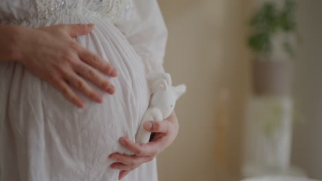 pregnant woman caressing belly close-up