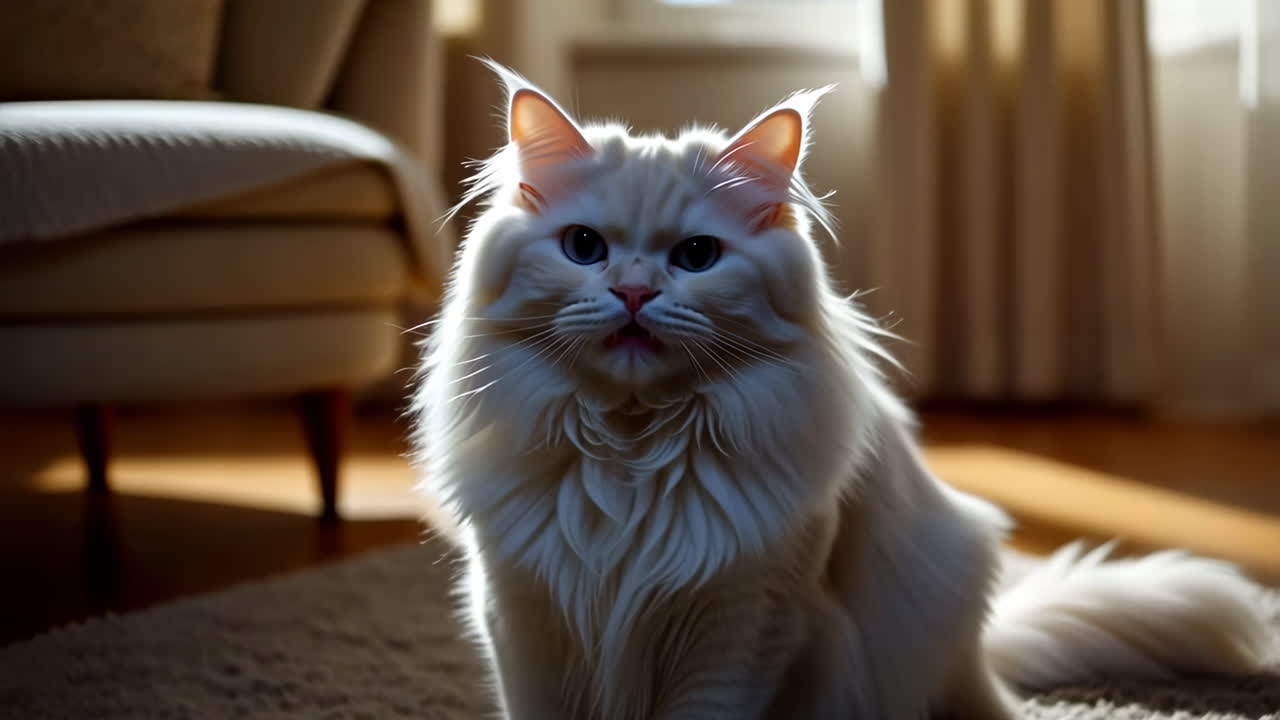 A fluffy white cat looking directly at the camera